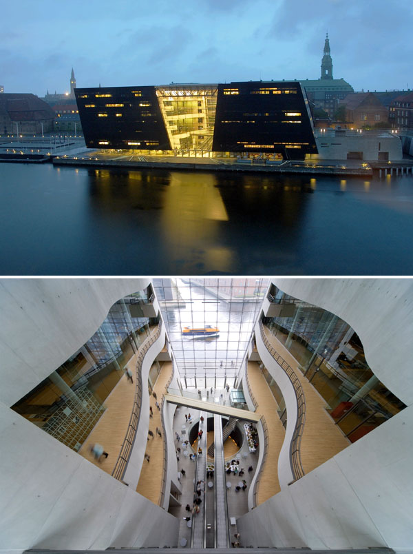 Conocida como el Diamante Negro (Black Diamond), esta impresionante biblioteca fue diseñada por Schmidt, Hammer & Lassen y se inauguró en se inauguró en Septiembre de 1999 después de casi 3 años de espera en un lugar privilegiado del Canal de Christianshavn.